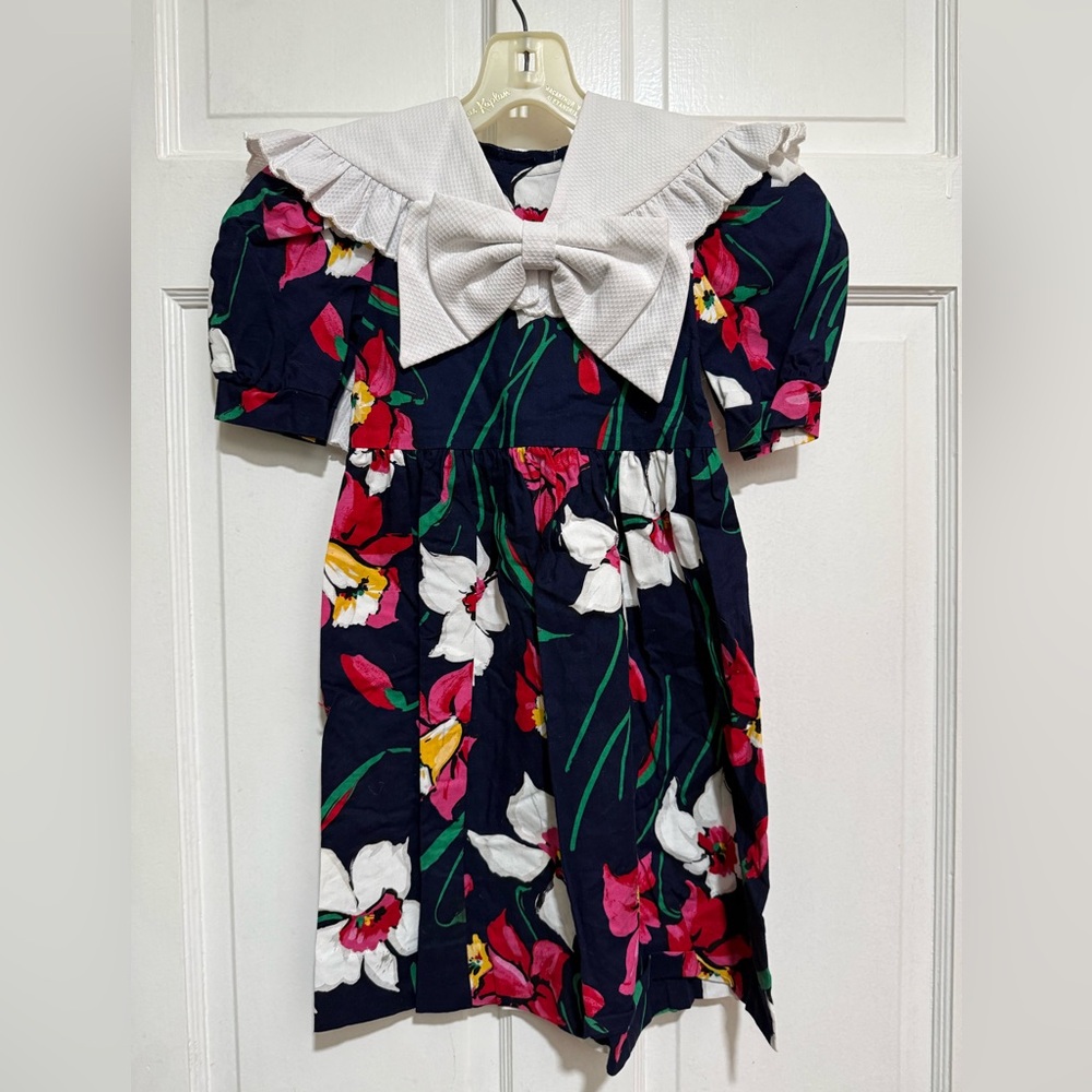 Vintage 1980s 1990s Floral Girls Dress Size 4T White Removable Collar Bow